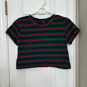Women’s Striped Crop Top T-Shirt Medium Green Red Stretch Short Sleeve Hipster